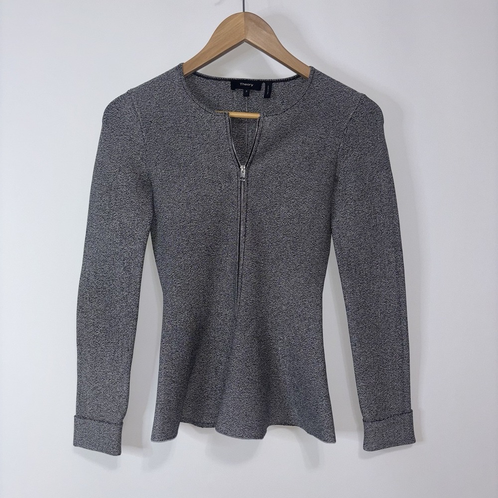 Theory Gray Knit Peplum Zip Jacket Stretch Minimalist Office Petite S - Picture 3 of 9
